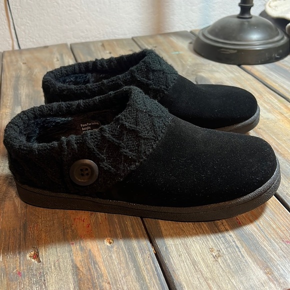 Clarks Shoes - Clarks W Slipper Suede Leather Knitted Collar Clog Slippers Plush Faux Fur. S 9M